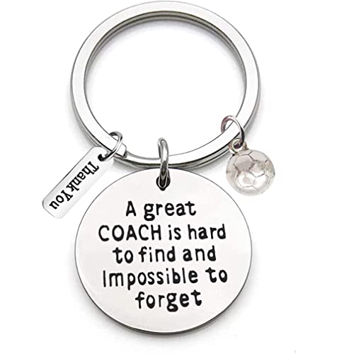 Edelstahl Schlüsselanhänger mit Gravur "A Great Coach is Hard to Find and Impossible to Forget" und Fußball Ornament Schlüsselring Lehrer Coach Keychain Geschenk für Lehrertag
