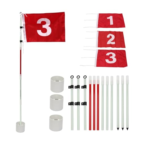 KVMORZE Golf-Flaggenstab, 1,8 m, Golf-Nylon-Flagge, ABS-Loch-Cup-Set, grüne Flaggen und Stangen, nummerierte Golfflaggen für Driving Range Hinterhof, tragbares 5-teiliges Design für Golf-Übung