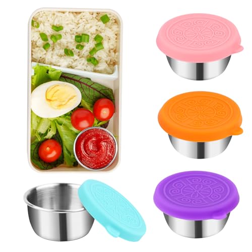 MXTIMWAN 4 Stück 50ml Dressing Behälter, Mini Dosen mit Deckel, Kleine Edelstahl Gewürzbehälter Saucenbehälter mit Silikondeckel, Bento Box Zubehör für Dips, Gewürze, Marmelade