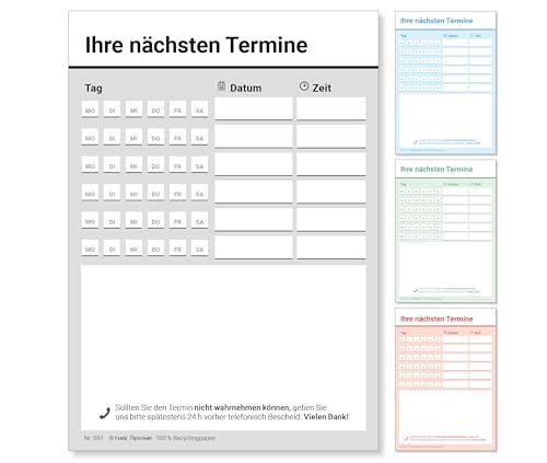 Frank Paperman® | 600 Terminzettel Praxis | 12 x Terminblock à 50 Blatt | schwarz | 6 Termine pro Zettel | für Ärzte. Heilpraktiker. Physio. Massage. Studios u.v.m.