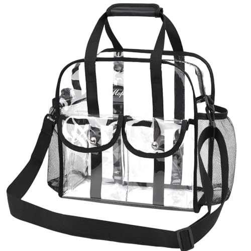 Large Clear Tote Bags Stadium Approved for Men Women Transparent PVC Shopping Bag Waterproof See Through Bag with Handles for Lunch, Stadium, Concerts, Sports Games, Leisure Occasion (BLACK)