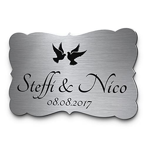 Hochzeitsschilder Edelstahl mit individueller Gravur zB Datum & Name | Personalisierte Hochzeitsgeschenke Silberhochzeit Just Married | Viele schöne Designs zB Hochzeitstauben