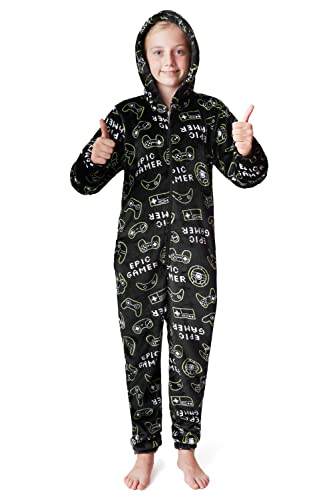 Onesie Kinder Fleece Overall Jumpsuit Schlafanzug Jungen Mädchen Extra Weich Einteiler Ganzkörperanzug Schlafoverall Pyjama Strampelanzug 7-14 Jahre (Schwarz, 9-10 Jahre)