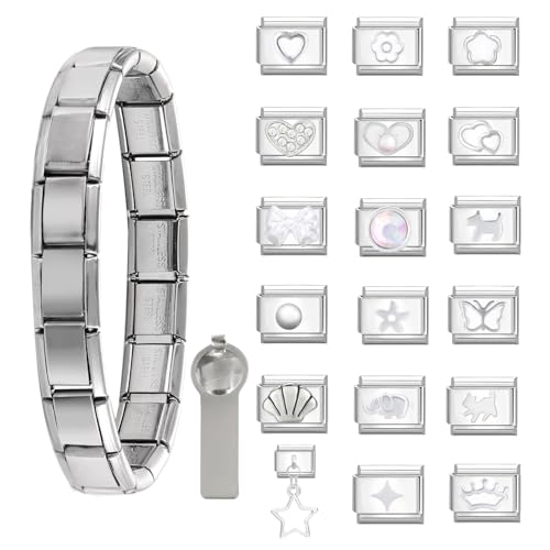 Greenyre 20PCS Italian Charm Bracelet Set,Classic Glieder italian charms 9mm Edelstahl Modul italienische Armbänder mit Öffnungswerkzeug,Italian Style Charms für Damen