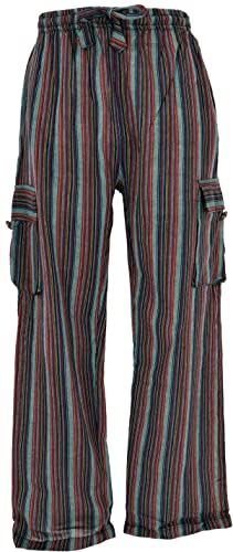 GURU SHOP Gestreifte Yogahose, Unisex Baumwoll-Goa-Hose, Petrol/rot, Baumwolle, Size:L (50)