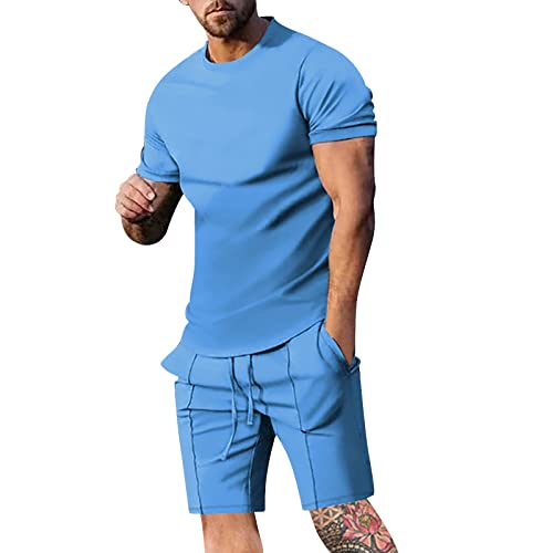 Generisch Sport-Set für Herren, Sommer-Outfit, 2-teiliges Set, Kurzarm-T-Shirts Shorts, stilvolles, lässiges Sweatsuit-Set Kleidersack Kleid Sommer Ärmellos Weste & Short 2 Teiler Herren (Blue, XL)