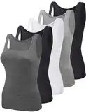 BQTQ 5 Stück Unterhemd Damen Tank Top mit Quadratischem Ausschnitt, Elastische Tank Tops Camisole Crop Top Stretch Untershirt Ärmellos, Schwarz, Weiß, Grau, Dunkelgrau, S