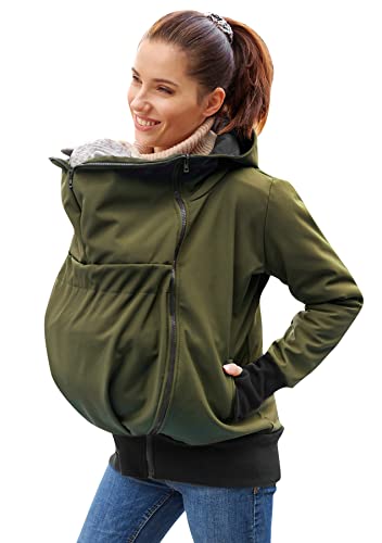 Be Mama - Maternity & Baby wear Wasserdichte ALL-WEATHER 3in1 - Tragejacke & Umstandsjacke & Damenjacke in einem aus SOFTSHELL (Wassersäule: 10.000 mm) (3in1 / Khaki ZIP, S-M)