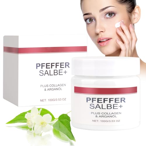 Pfeffersalbe Plus, 100g Pleffer Salbe, Pfeffersalbe zum Bräunen, Aktiv Pfeffersalbe, Reichhaltige Salbe mit Plus Collagen und Arganöl, Pfeffer Salbe Cream für Anti Falten und Aufhellung