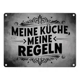 Meine Küche meine Regeln Metallschild in 15x20 cm Schwarzer fetter Text in deutscher Schrift schlichte Optik für die Küche Chefkoch Nach deinen Regeln