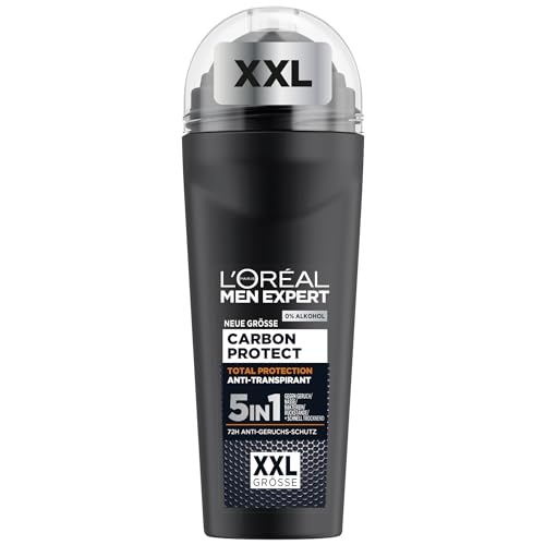 L'Oréal Men Expert XXL 5in1 Deoroller für Männer, Deo Roll-On gegen starken Schweißgeruch, Schwitzen, Achselnässe und weiße Rückstände, Herren 48H Deodorant ohne Alkohol, Carbon Protect, 1 x 100ml