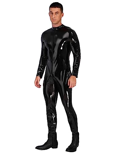 iEFiEL Männer Sexy Wetlook Catsuit Gothic Ganzanzug Herren Bodysuit Kostüm Xc Schwarz Langarm 5XL