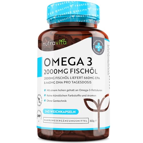 Omega 3 Kapseln hochdosiert 240-2000mg Fischöl Kapseln mit 660mg EPA & 440mg DHA pro Portion - Omega 3 Öl, Reines Fischöl aus nachhaltiger Fischerei - Geprüft/Zertifiziert in Deutschland - Nutravita