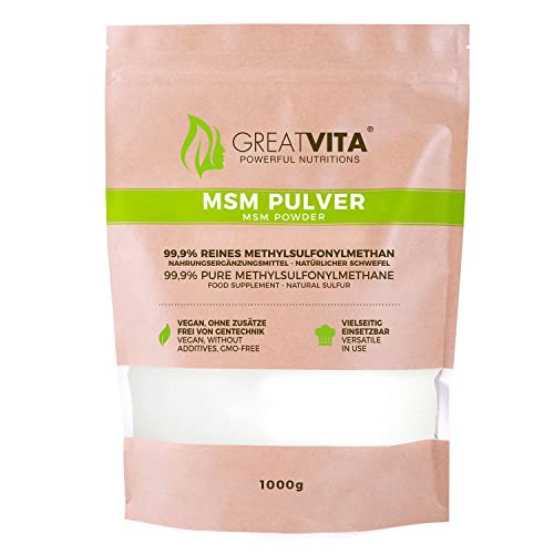 GreatVita MSM Pulver 1000g | 99,9% rein/Premium Qualität/Methylsulfonylmethan, organischer Schwefel ohne Zusätze