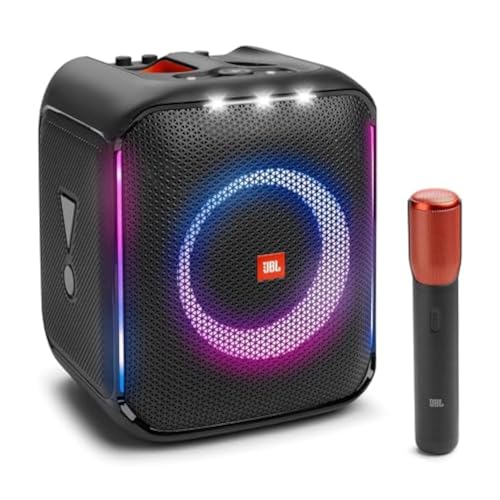 JBL PartyBox Encore Essential Tragbarer Innen- und Außen-Partylautsprecher mit integrierten Lichtern, IPX4 spritzwassergeschütztem Design, tiefer Bass und 10 Stunden Spielzeit, in Schwarz