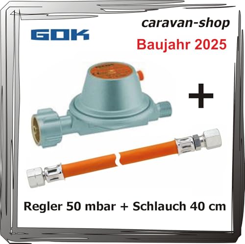 Druckregler 50 mbar, 1,5 kg/h für Caravan/Wohnmobil + Schlauch 40 cm GOK, Gas Wohnwagen