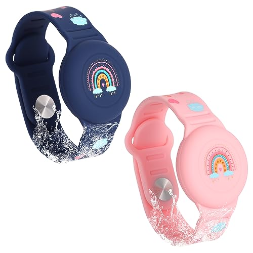 SAVITA 2st Armband für Airtag Kinder, Boho Regenbogenmuster Silikon Kleinkinder ltere Menschen Hülle zum Verstecken des GPS Trackers (Mitternachtsblau, Rosa)