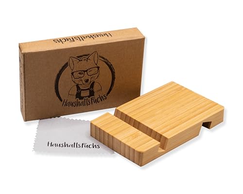 HaushaltsFuchs® 100% FSC® Bambus Halterung für Smartphone und Tablet - Holz Handyhalterung und Ständer für Büro und Schreibtisch - Handyhalter für den Tisch kompatibel mit iPhone, iPad, Samsung UVM.