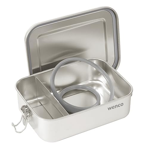 wenco Lunchbox aus Edelstahl, Mit 2 Fächern, Brotdose groß mit 850ml Fassungsvermögen, Wasserdicht, Spülmaschinengeeignet, inkl. Ersatz-Silikonring, 18,5 x 14 x 5,5 cm, Silber