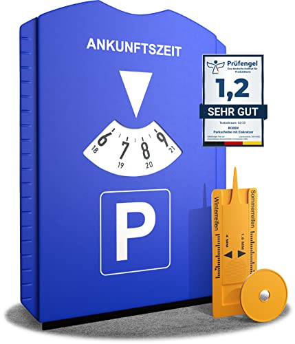 ROBBX® Parkscheibe mit Eiskratzer für Auto und Motorrad | Parkuhr inkl. Reifenprofilmesser und Einkaufswagenchip | Parkscheiben | Parking Disc