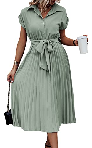 ASOMI Sommerkleid Damen Hemdkleid Kurzarm: Elegant Kurzarm Strandkleid Büro Wickelkleid Mode Tasche Hemdblusenkleid Lässig Blusenkleid Midikleid Knopf Plisseekleid V-Ausschnitt Gürtel B-Lichtgrün L