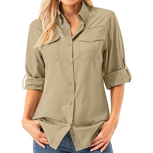 Asfixiado Damen Hemdbluse UV Shirt UPF 50+ Safari Kleidung Wanderbluse Damen Outdoor Cooling Quick Dry Sonnenschutz Langarm Luftiges Hemd（5072 Khaki M）