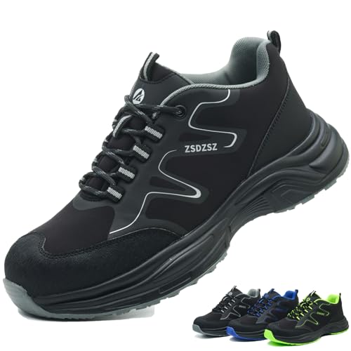ZSDZSZ Sicherheitsschuhe Herren Damen Arbeitsschuhe Leicht rutschfest Atmungsaktiv Stahlkappenschuhe Sportlich, Schwarz, 38 EU