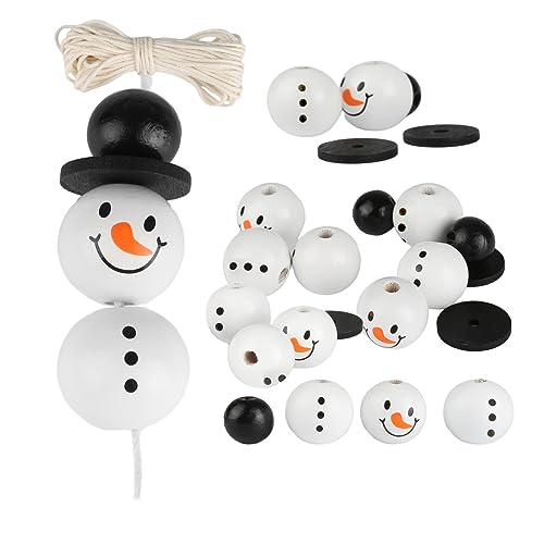 YONGQING 120 natürliche Holzperlen für 30 Sets Schneemänner, 20mm Schneemann-Gesicht Holzperlen-Set für DIY-Basteleien, Weihnachten, Halloween, Winter-Dekorationen (mit 5m Baumwoll-Wachs-Schnur)