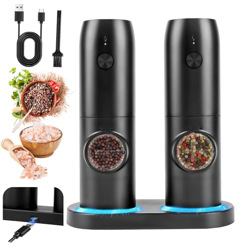 Salz und Pfeffermühlen Elektrische 2er Set mit Wiederaufladbarer Basis, Gewürzmühle mit Doppelter Ladestation, Bürste, Weißem LED-Licht, Automatisches Mahlen für BBQ Restaurant Küche