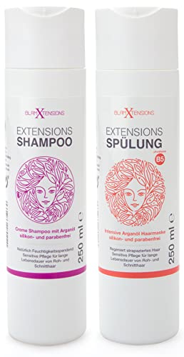 Extensions Shampoo und Spülung Set - ohne Silikone | hoher Anteil Arganöl - Für Rohhaar, Echthaar, Extensions Pflege Haarverlängerungen Perücken und Haarteile, 2 x 250ml