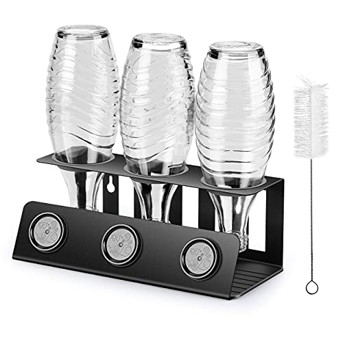 vinlley Flaschenhalter für Sodastream 3er Abtropfhalter mit Herausnehmbare Abtropfwanne und Deckelhalter, Abtropfständer für Sodastream, Crystal und Emil Flaschen, Schwarz