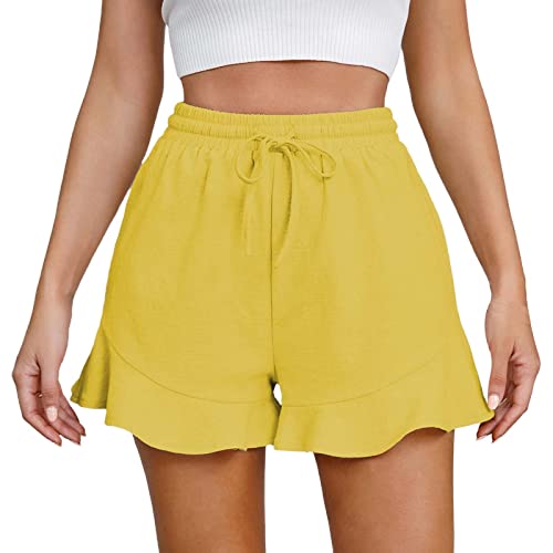 Shorts Leinen Herren bequem, Kordelzug, Schnürung, elastische Taille, Sommer, mit Taschen, weitem Bein Für Schwangere(Gelb,XL)