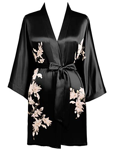 BABEYOND Damen Morgenmantel Blumen Gedruckt Sommer Bademantel Kimono Kurz Robe Leicht Schlafmantel Damen Satin Strandkleid (Schwarz)