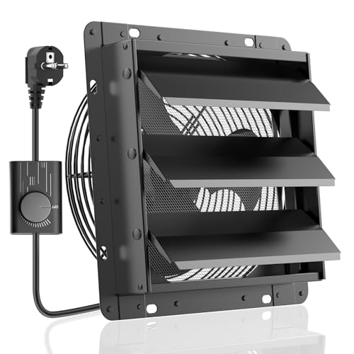 HG Power 250mm Abluftventilator mit Drehzahlregler Industrie Wandventilator 1100m³/h Wandlüfter Regelbar mit Maschensieb Aluminium Fensterventilator mit EU-Stecker für Keller Garage küche Lamellen