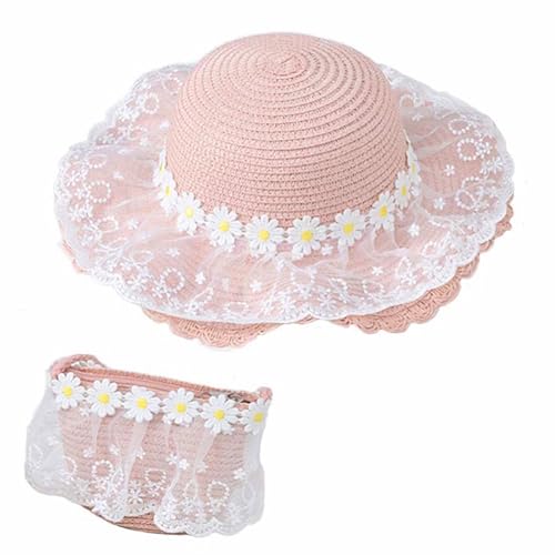 Strohhut Und Kleine Tasche Set,Mädchen Kinder Sommer Sonnenhut,Sommer Sonnenhut mit Blumendekoration,Strandhut Outdoor Aktivitäten Für Den Tourismus Urlaub Reise Strand Outdoor Aktivitäten