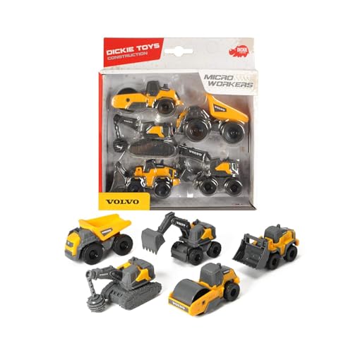 Dickie Toys 203722008 Volvo Micro Workers, 5er Spielzeugset, Bagger, Baustelle, Set Baufahrzeuge, Baustellenauto Kinder, Baustellenfahrzeuge, Geschenkset, für Kinder ab 3 Jahren, gelb/grau
