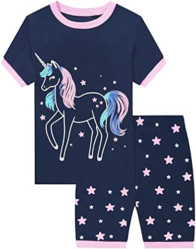 EULLA Mädchen Schlafanzug Kurz Glow in The Dark Einhorn Shorty Pyjama Set Kinder Sommer Zweiteiliger Nachtwäsche Baumwolle Größe 5 Jahre alt 1# Dunkelblau Glow in The Dark Einhorn DE 110