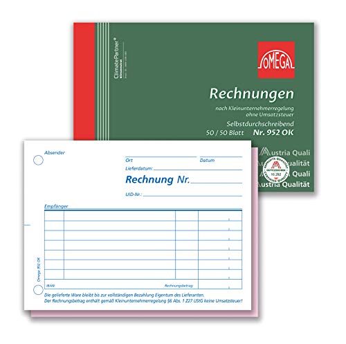 Omega Rechnungsbuch 952 OK I Selbstdurchschreibendes DIN A6-Formularbuch querformat mit 2 x 50 perforierten Blättern in weiß/rosa I CO2-neutral I speziell für Kleinunternehmer ohne Umsatzsteuer