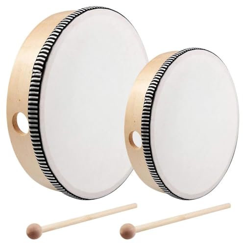 Aieraczy 2 Stück (6 Zoll & 8 Zoll) Tambourin Tamburin, Trommel mit Schlägel Holz, Kindertrommel, Tambourine, Handtrommel Percussion für Kinder, Tamburin Trommel für Party, Spiele