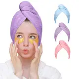 Haarturban Haarhandtuch Haartrockentuch 3 Stück Wrap Super saugfähige schnell trocknende Haarkappen mit Knöpfen Mikrofaser für Handtücher Frauen Mädchen lange lockiges nasses Haar(Rosa|Lila|Blau )