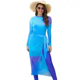 Odizli Burkini Damen Muslim Frauen Muslimische Badeanzug Islamische Langarm Body+Badehose+Wickelrock Pareo Sarong Tuch Strandrock Schwimmanzug Modest Bademode Sommer Lang Surfanzug Blau 4pcs XXL