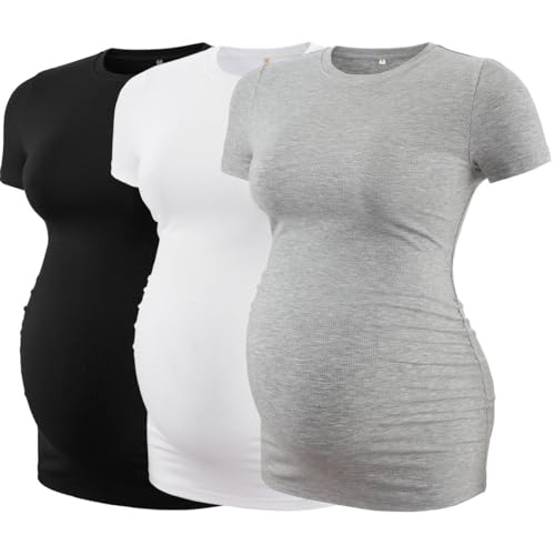 Love2Mi 3er Pack Umstandstop Tshirt Kurzarm Sommer Rundhals Umstands T-Shirt Umstandsmode