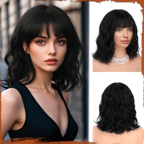 Sofeiyan Kurze Gewellte Bob Perücke mit Pony Damen 30 cm Schwarz Synthetische Perücke für Frauen Natürliche Lockige Perücke für Cosplay Alltag Party Halloween