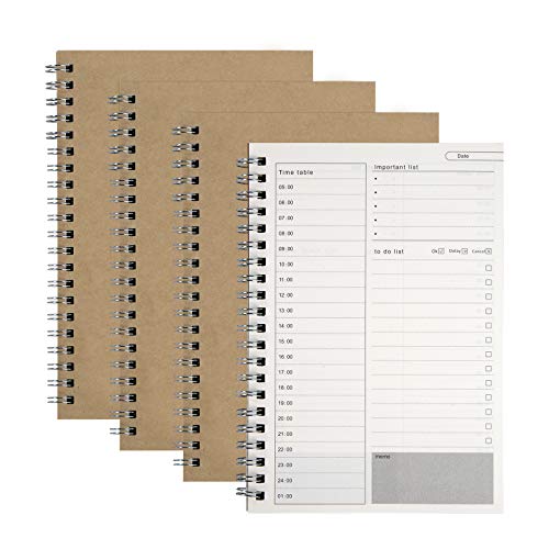 MengH-SHOP Zeitmanagement Handbuch Aufgabenliste Tagesplaner Spiralblock Notizblock Brown Kraft Cover Tagesplanung Notizbuch 100 Seiten/50 Blatt 19 x 13 cm (4 Stück)