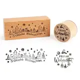 BOOMTOP 2Pcs Weihnachten Stempel Holz Stempel Frohe Weihnachten Motivstempel Fröhliche Weihnachten Stempel Set Dekostempel zum Basteln DIY Kartenherstellung Scrapbooking Geschenk Rund Recheckig