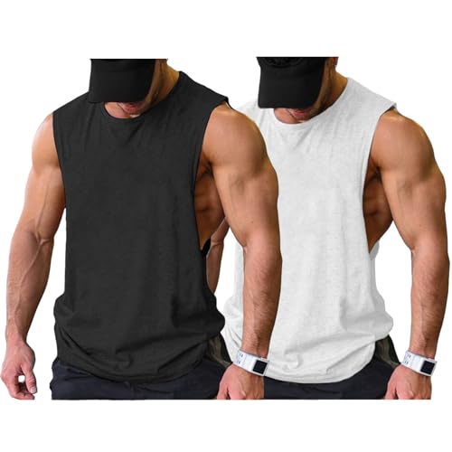 COOFANDY Tank Top Bodybuilding Herren Workout Gym Ärmellose Muskelshirts Tshirt, Weiß/Schwarz(2 Stück) L