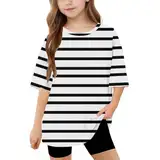 T-Shirt für Mädchen Kurzarm Top Gestreiftes Casual Kinderkleidung Sommer Croptop Basic Kurze Oberteile Atmungsaktiv Sportshirt Rundhals Shirt mit Streifen Schwarz 150