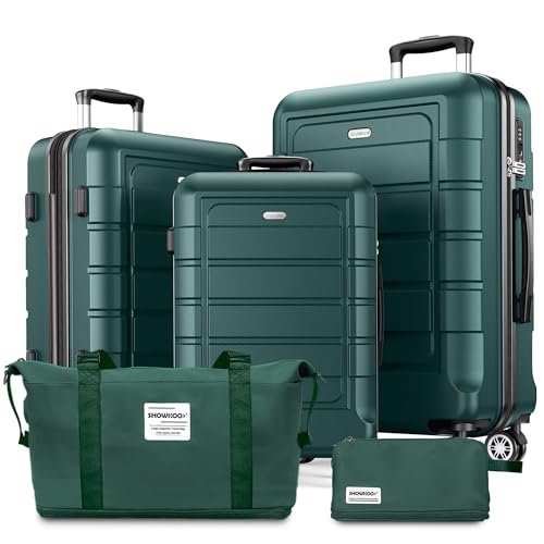 SHOWKOO Kofferset 5 Teilig Hartschale Leicht ABS+PC Erweiterbar Reisekoffer Haltbar Handgepäck Sets 4 Rollen TSA-Schloss mit 1 Reisetasche und 1 Kulturtasche - Armeegrün