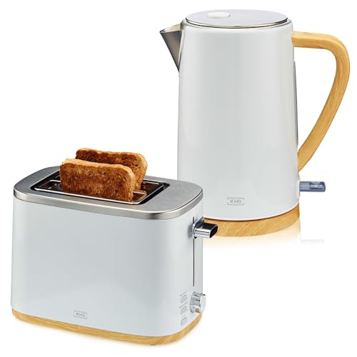 KHG Wasserkocher und Toaster Set 2-teilig | 2.200 & 800 Watt | Frühstücksset mit Kapazität 1,7 Liter Volumen & 2 Scheiben Toast | Küchenset mit Kalkfilter & Krümelfach - Weiß mit Holzoptik