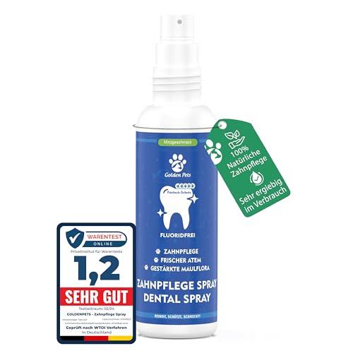 Golden Pets Testnote Sehr gut - Dentalspray für Hunde & Katzen 200 ml - Zahnpflege Dental Spray gegen Mundgeruch und zur Vorbeugung von Zahnstein- Zahnreinigung & Zahnsteinentfernung 100% natürlich